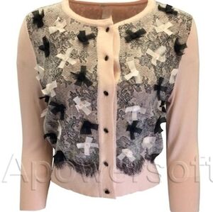 $2,190 OSCAR DE LA RENTA PINK CASHM SILK RUNWAY KNIT LACE BEAD CARDIGAN US S